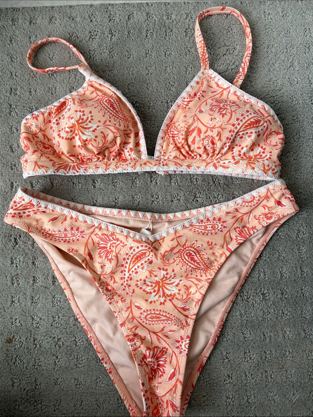 Peach Paisley Bikini Set with White Embroidered Trim